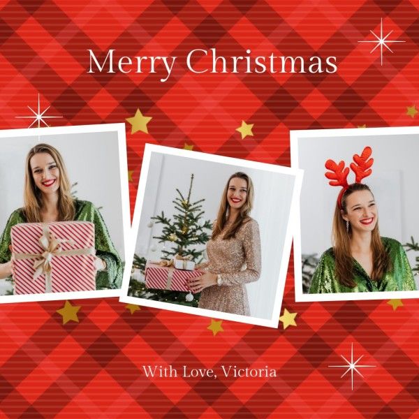 joy, happy, girls, Red Merry Christmas Holiday Gift Collage Photo Collage (Square) Template