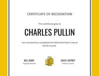 certificate of recognition, program, course certificate, Yellow Recognition Certificate Template