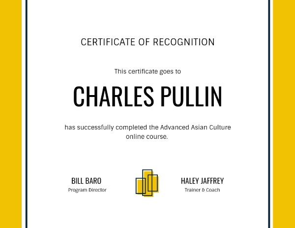 certificate of recognition, program, course certificate, Yellow Recognition Certificate Template