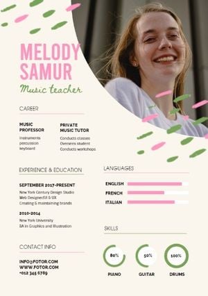 job hunting, musician, job, Fresh Music Teacher CV Resume Template