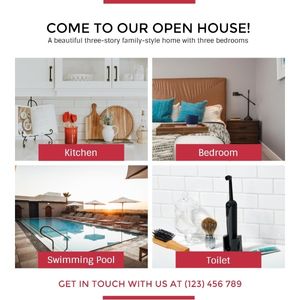 kitchen, bedroom, swimming, White Open House Promotion Instagram Post Template