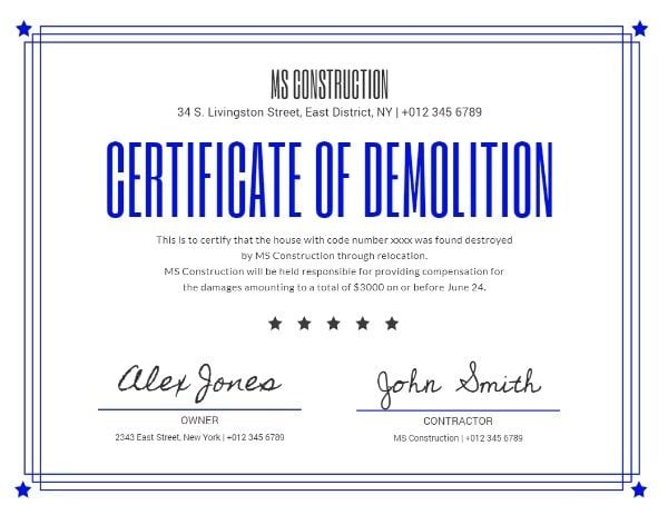 Certificate Of Demolition  Certificate