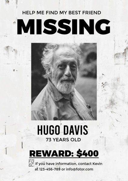 old man, friend, search, Gray Missing Poster Template