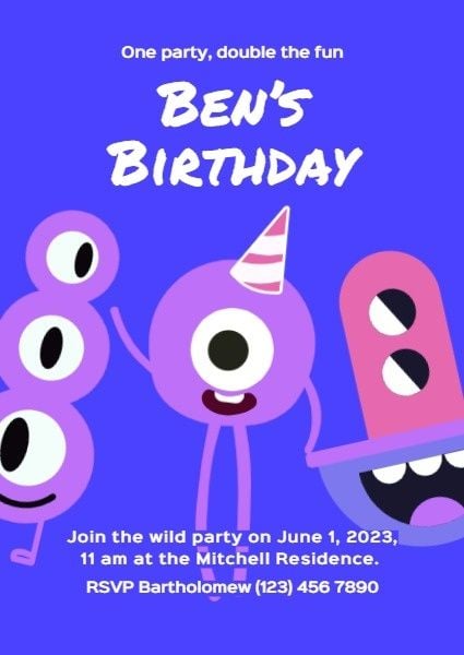 happy birthday, party, events, Cute Purple Monster Birthday Invitation Template