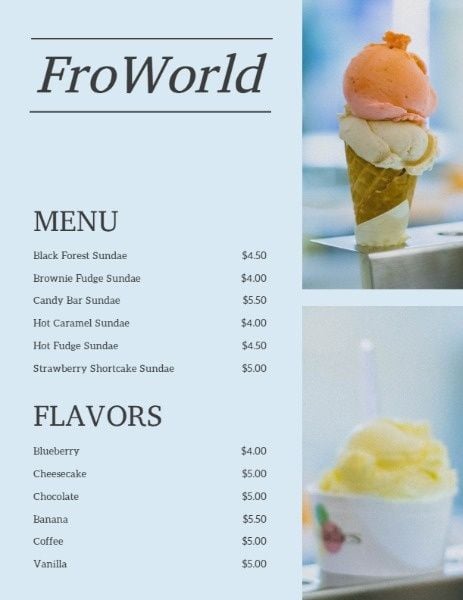 蓝色冰淇淋 英文菜单