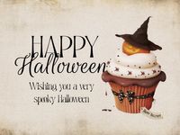 trick or treat, spooky, cake, Brown Vintage Cute Cartoon Happy Halloween Wish Card Template