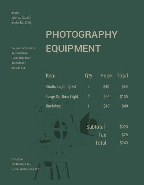 Photography Equipment Invoice