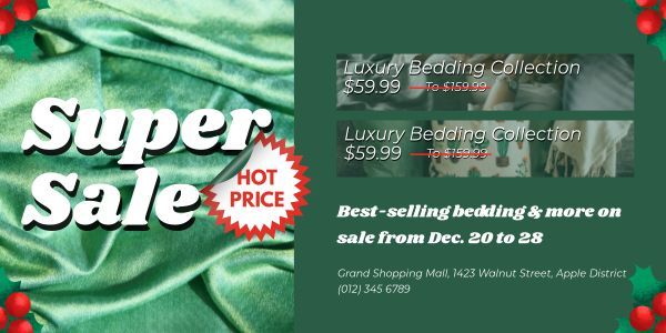 discount, merrt christmas, product, Green Bedding Store Super Sale Twitter Post Template