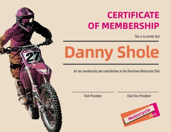 Motorcycle Club Certificate Of Membership Certificate