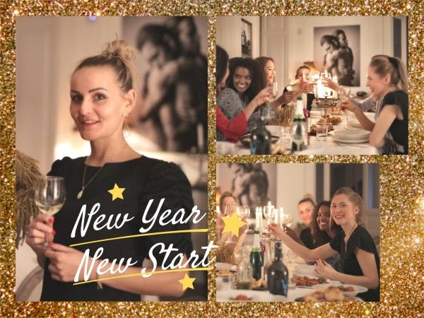 meal, social media, holiday, Gold Black New Year Dinner Photo Collage Photo Collage 4:3 Template