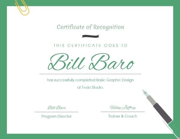 certificate of recognition, program, course certificate, Green Recognition Certificate Template