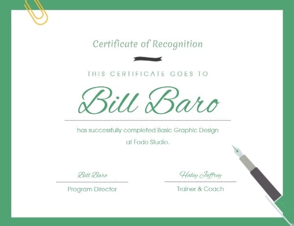 Green Certificate Of Recognition Certificate