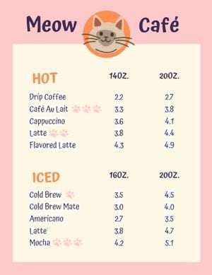 猫咖啡厅 英文菜单