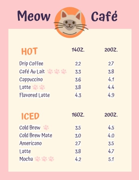 猫咖啡馆 英文菜单