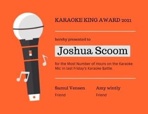 competition certificate, sing competion, award, Orange Karaoke Certificate Template