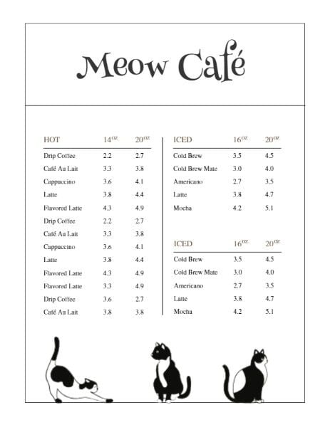 Meow Cafe Menu