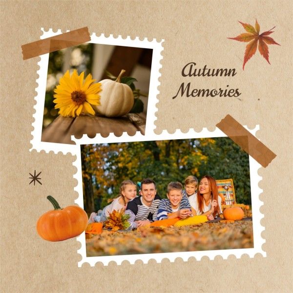 fall, season, pumpkin, Beige Brown Retro Family Autumn Memories Photo Collage Instagram Post Template