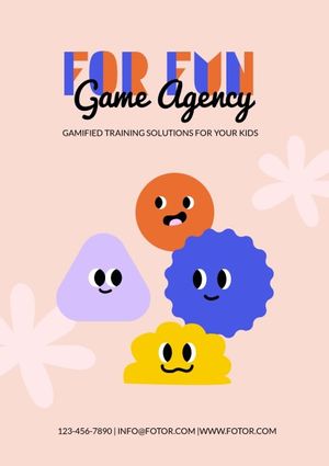 funny, illustration, emoji, Pink Cartoon Game Agency Poster Template