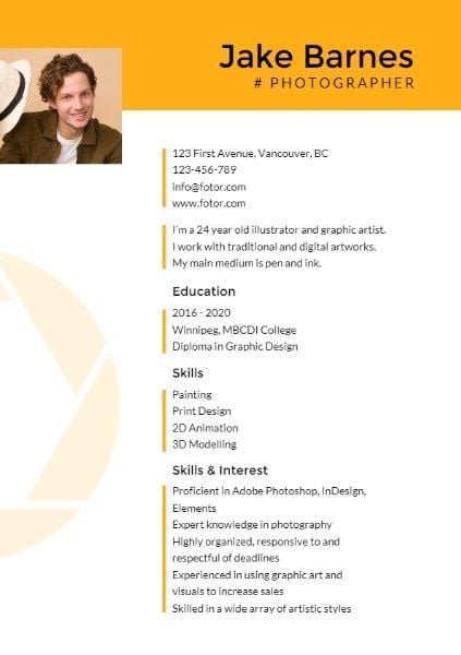 photography, picture, cv, Photographer Yellow Resume Template