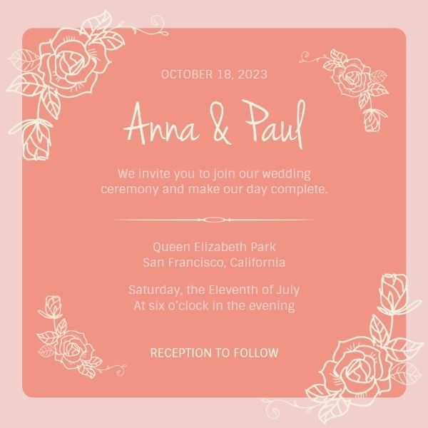 anniversary, family, love, Orange Floral Wedding Invitation Instagram Post Template