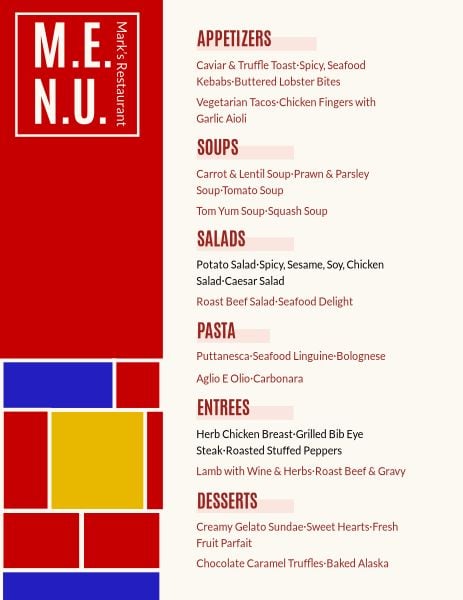 红色餐厅菜单 英文菜单