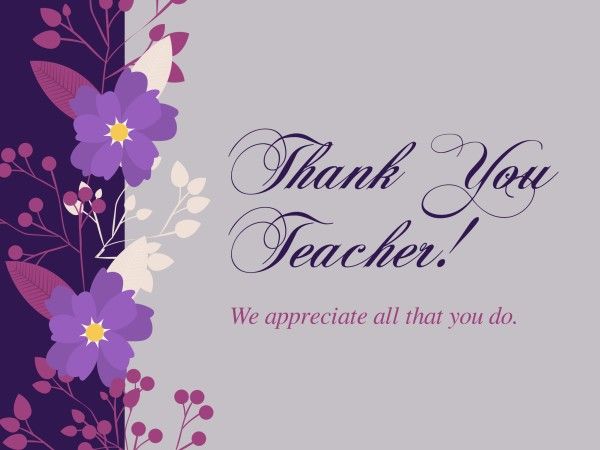 Purple  Monogrammed Flower Thank You Teacher Card