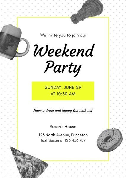 event, invite, celebration, White And Yellow Modern Weekend Party Invitation Template