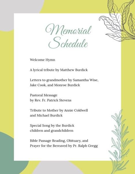 life, funeral, lyrical, Fresh Green Memorial Schedule Program Template