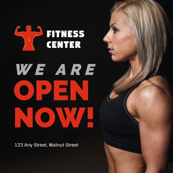 open now, gym, workout, Black Fitness Center Grand Opening  Instagram Post Template