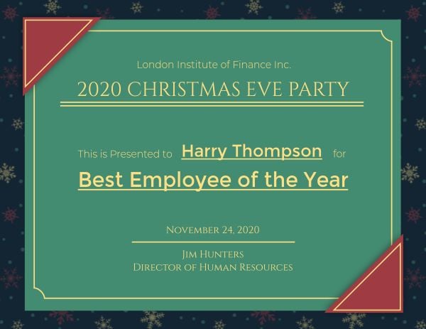 绿色圣诞最佳员工奖证书 证书