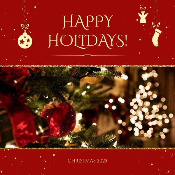 joy, bell, red, Happy Holiday Merry Christmas Tree Photo Collage (Square) Template
