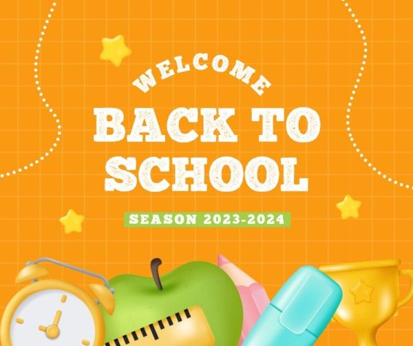study, education, cartoon, Yellow And Orange 3d Illustration Welcome Back To School Facebook Post Template