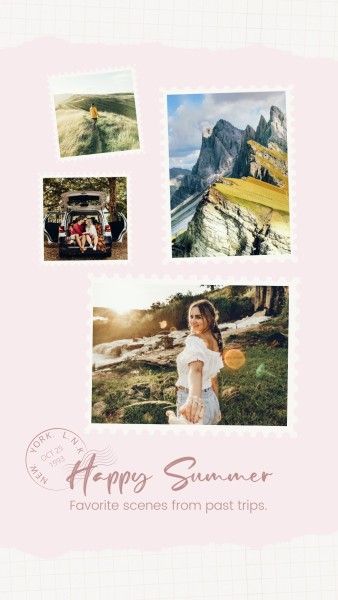 travel, journey, trip, Pastel Pink Stamp Vacation Collage Photo Collage 9:16 Template