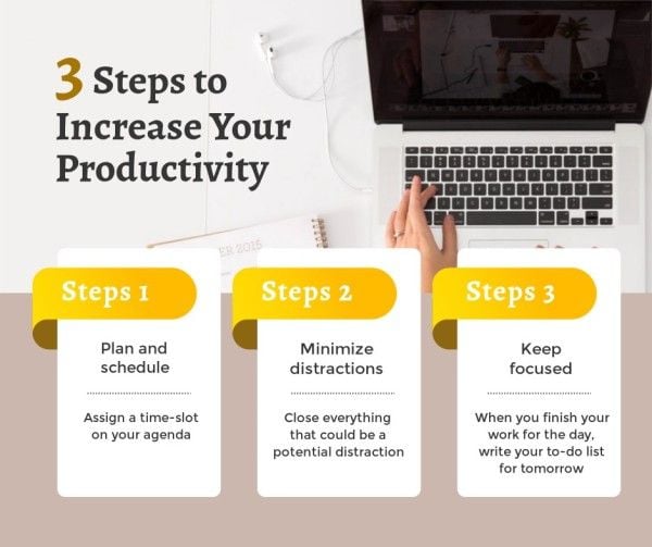 marketing, work, company, White Three Steps To Increase Productivity Facebook Post Template