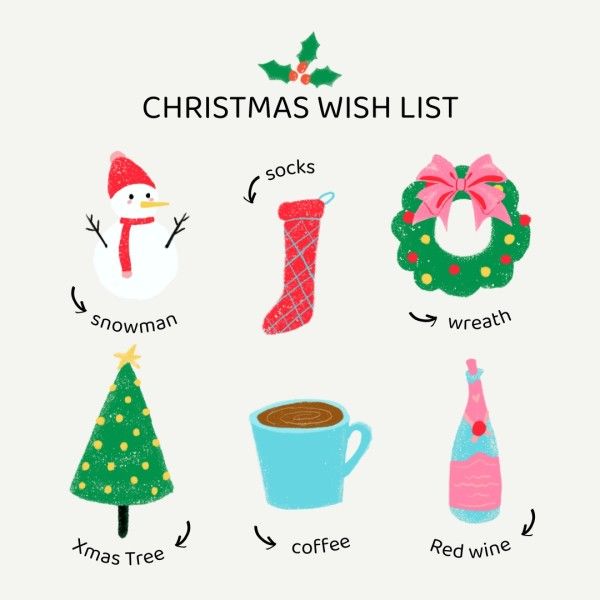 holiday, festive, illustration, Christmas Wish List Instagram Post Template
