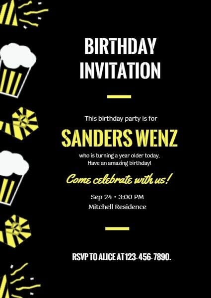 birthday invitation, celebration, anniversary, Black Birthday Party Invitation Template
