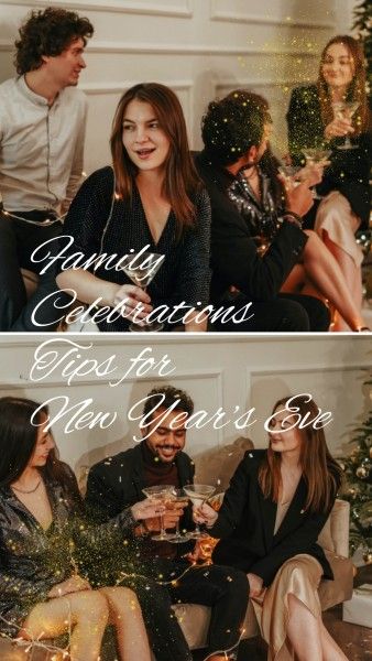 celebrations, friends, social media, Gold Black New Year Family Celebration Photo Collage 9:16 Template