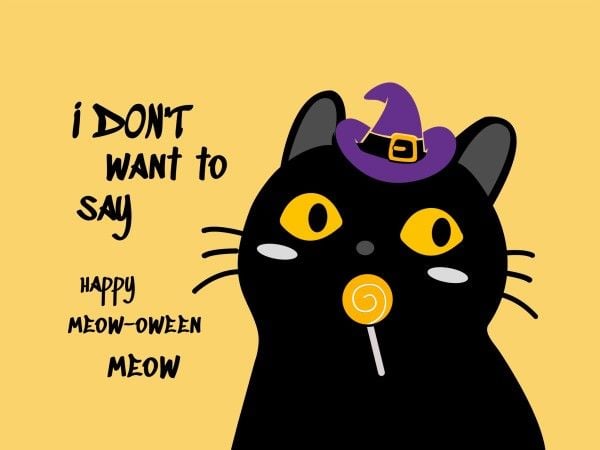meow, greeting, celebration, Black Witch Cat Cartoon Cute Halloween Card Template