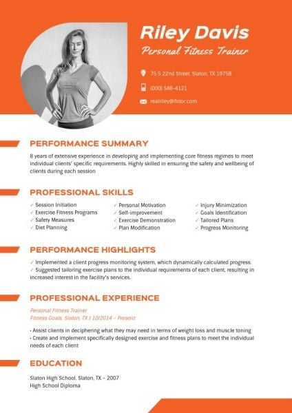 job, work, employment, Personal Fitness Trainer Resume Template