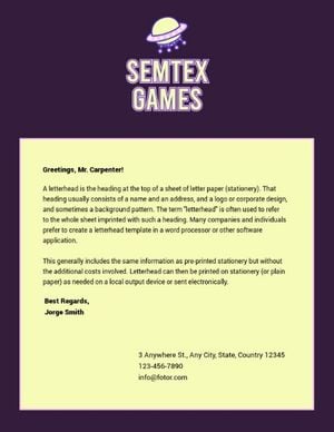 games, advertisement, business, Purple Game Company Greeting Letter Letterhead Template