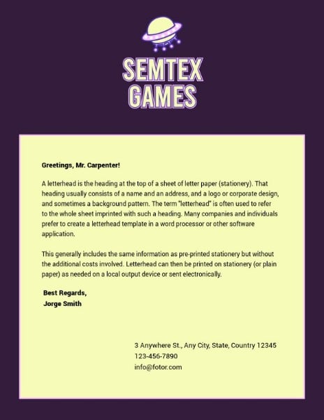 Purple Game Company Greeting Letter Letterhead