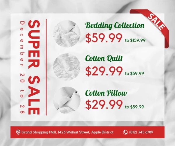 discount, home, flyer, White Bedding Sale Facebook Post Template