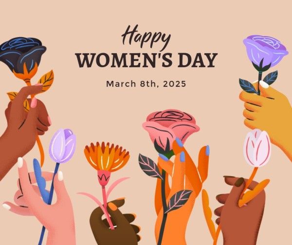 march 8, flowers, hands, Brown Illustration International Women's Day Facebook Post Template