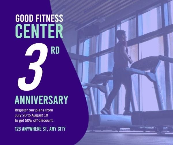workout, promotion, advertising, Purple Fitness Center Anniversary Facebook Post Template