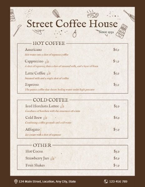 棕色咖啡屋菜单 英文菜单