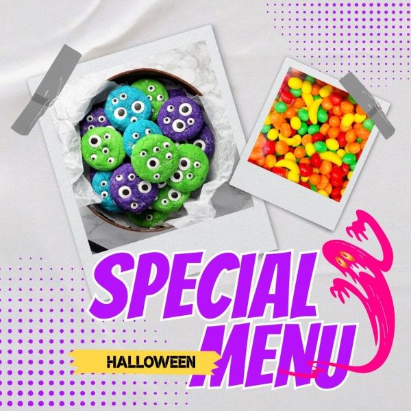 food, promotion, holiday, White And Purple Halloween Special Menu Photo Collage Instagram Post Template
