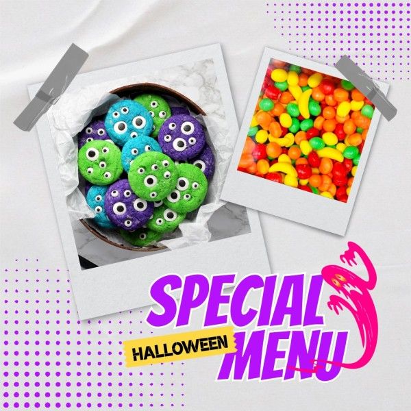 food, promotion, holiday, White And Purple Halloween Special Menu Photo Collage Instagram Post Template