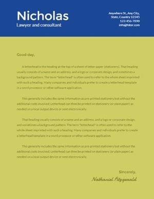 business, office, company, Blue And Green Lawyer And Consultant Letterhead Template