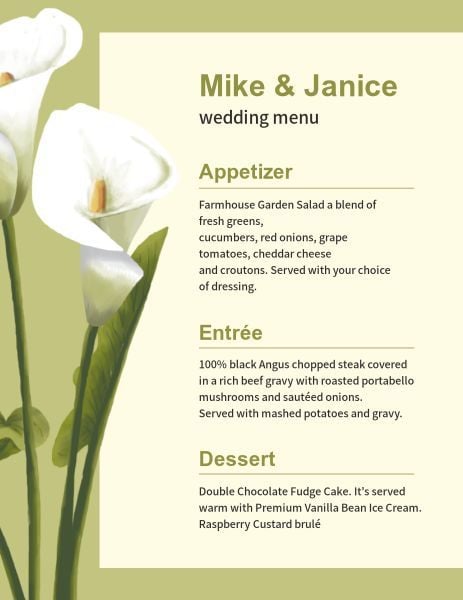 dinner, food, cuisine, White Tulip Wedding Menu Template