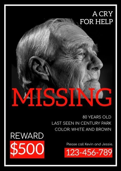 help, reward, lost, Black Missing Old Search Notice Poster Template